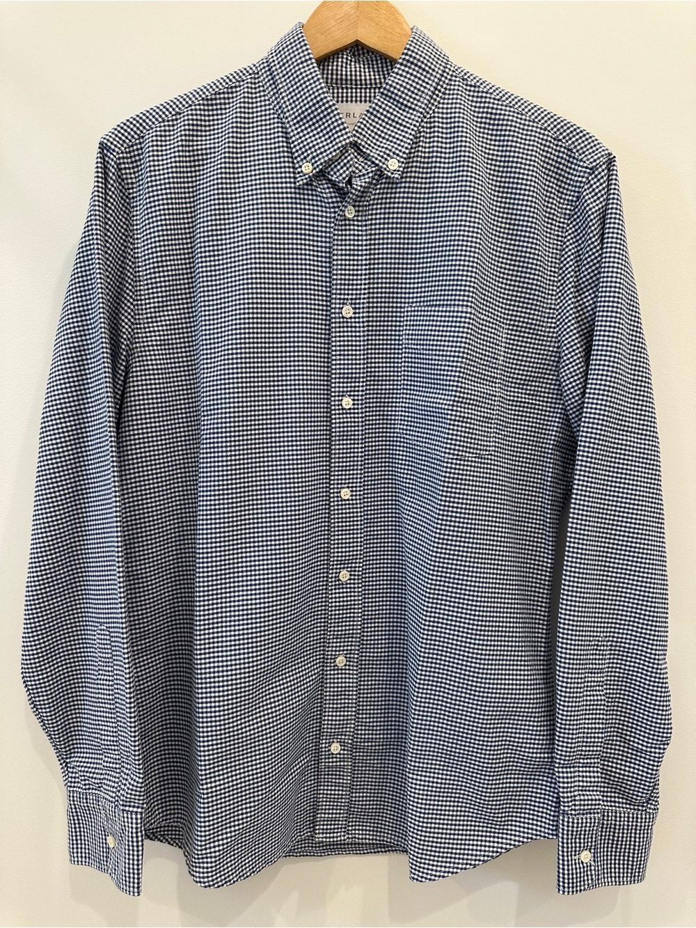Everlane Slim Oxford Navy/Ecru Mini Houndstooth Checked Shirt L